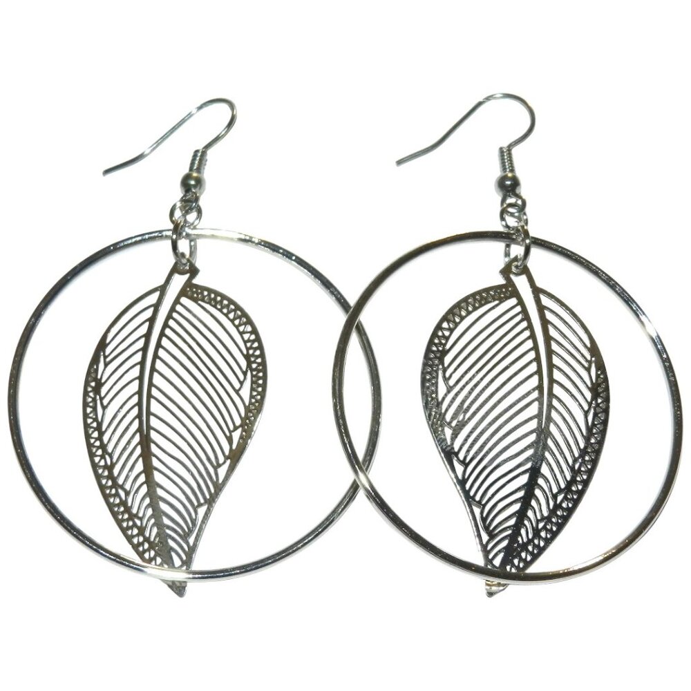 Laser-Cut Metal Antiqued Silver Dangle Fishhook Earrings E382